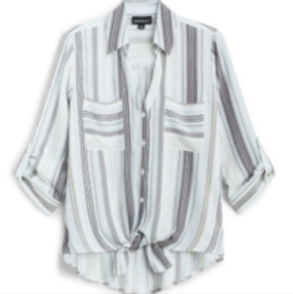 Fortune + Ivy Blake Coastal Cool tie button front striped Shirttail blouse large - Picture 1 of 11